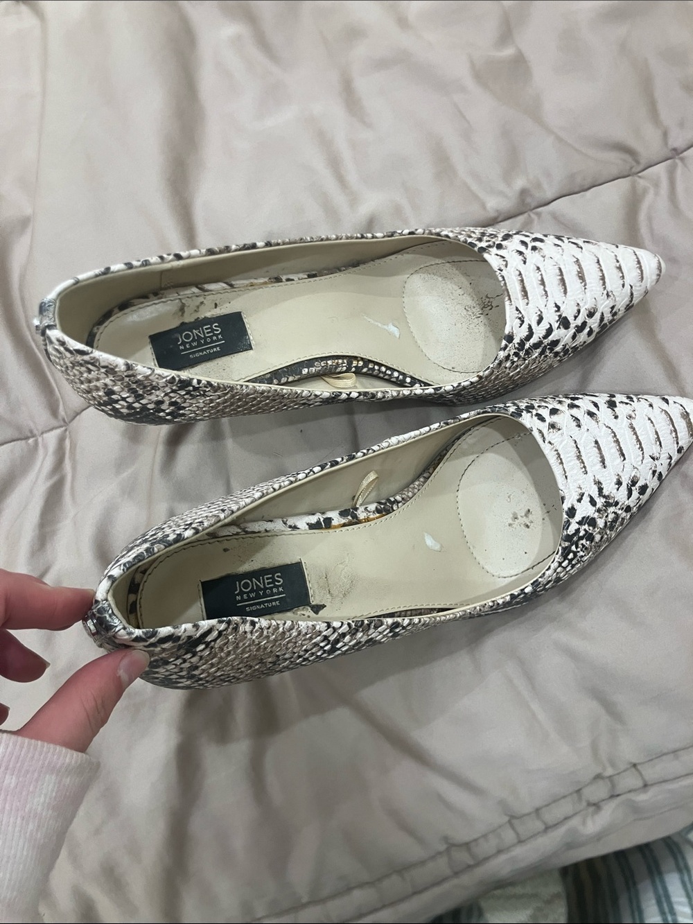 Jones New York Snake-Print Pointed Flats in White and Brown